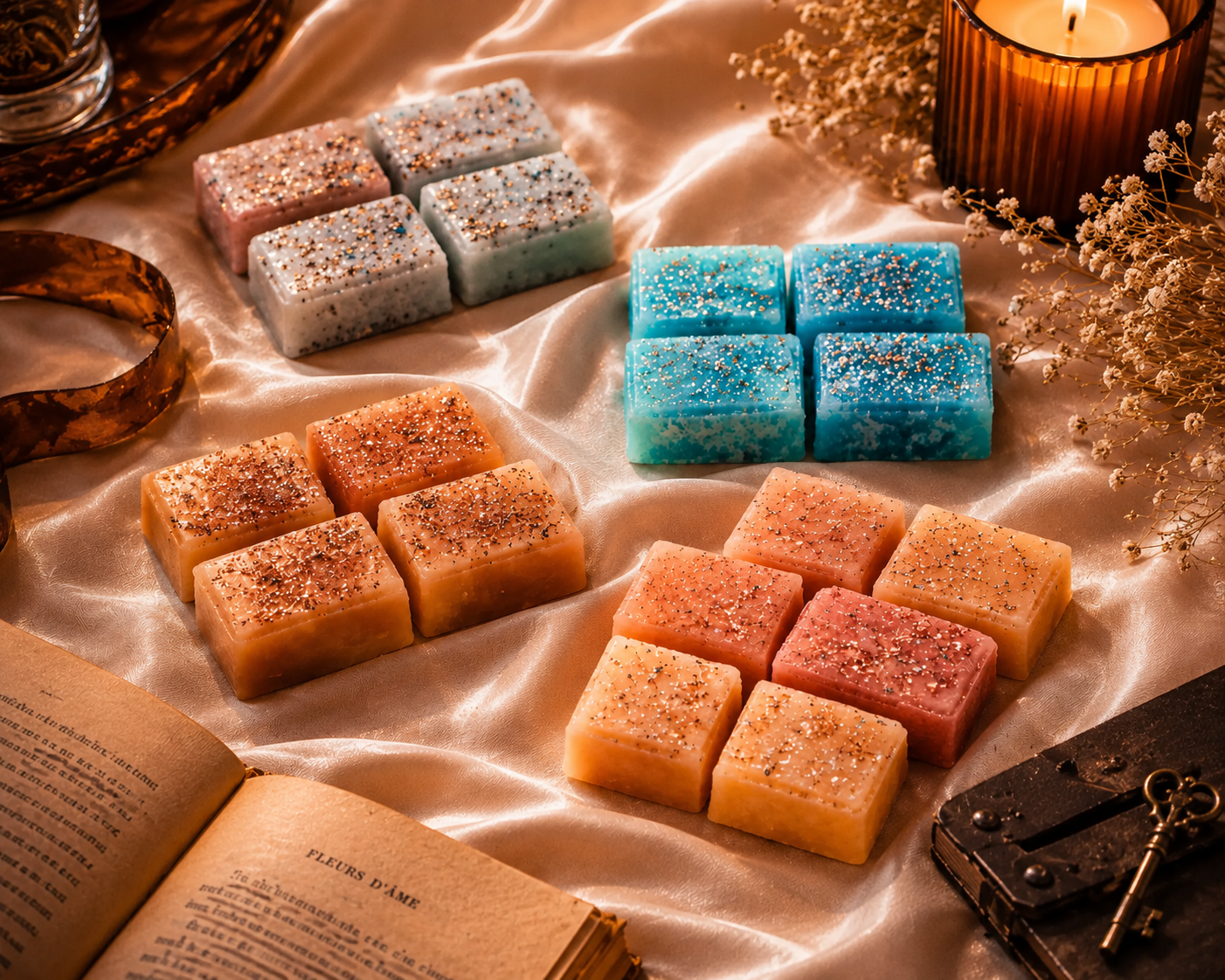 Colourful wax melts arranged beside a candle and vintage film elements.